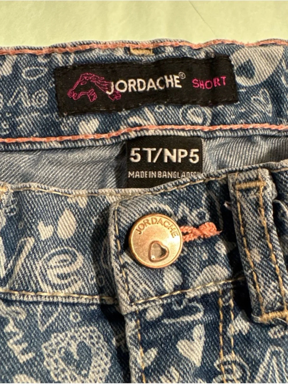 Jordache Blue Denim Shorts with Pink Heart & 'Love' Print